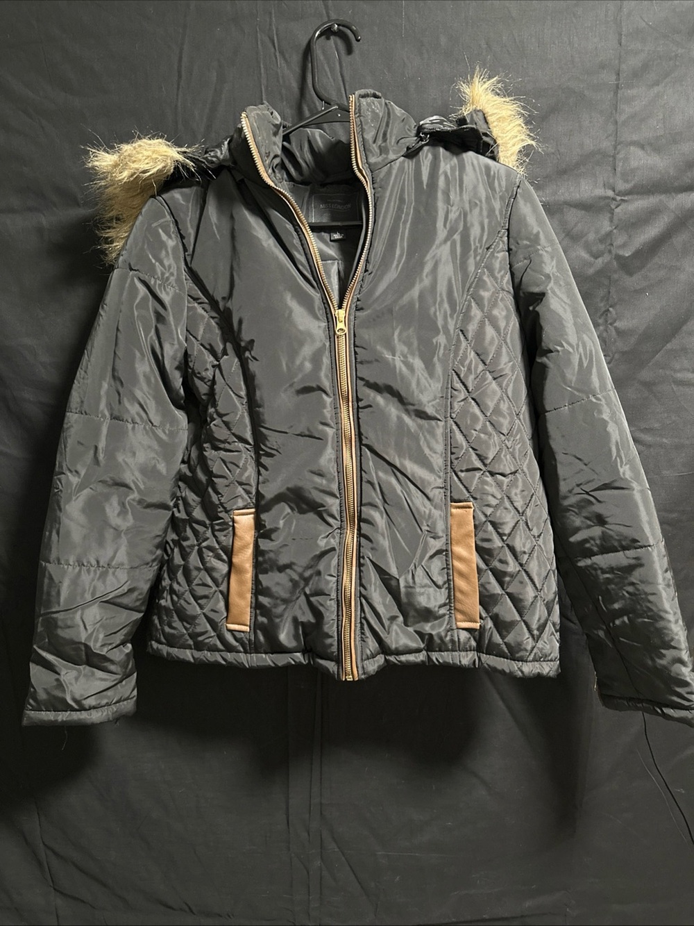 Miss London Women’s Black Quilted Puffer Jacket Faux Fur Hood Winter Coat Size L